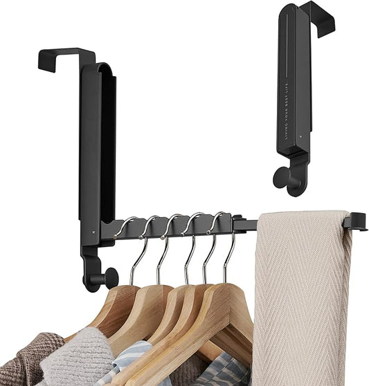 RFOUO Clothes Drying Rack Foldable Fit Door up to 1 3/8" Optimal 2pc,Over The Door Hanger with Retractable Rod,Over The Door Hanger Hooks for Laundry Bathroom Bedroom Travel Hangers(Black, 2 Pack)