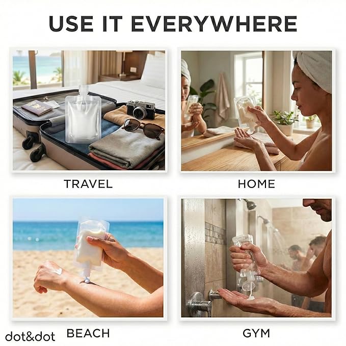 Travel Pouches for Toiletries, 13 Pack TSA Approved Refillable Travel Liquid Pouches, Flat Travel Bottles for Toiletries, Reusable 3oz Portable Containers with Funnel, Labels & Clear Carry On Bag