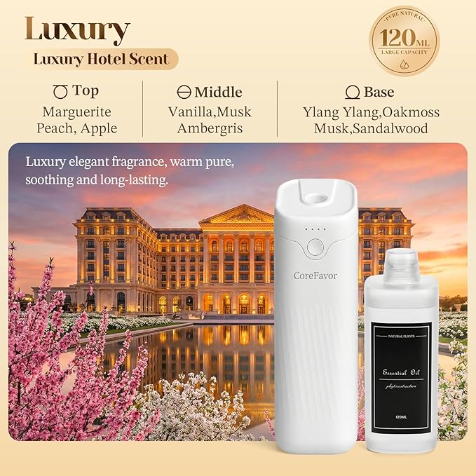 Waterless Essential Oil Diffuser (M60) with 120ml Oil, Portable Battery-Operated Cold Air Aroma Scent Machine, 4 Adjustable Intensity Levels, Quiet Diffuser for Bedroom Office Car (Luxury)