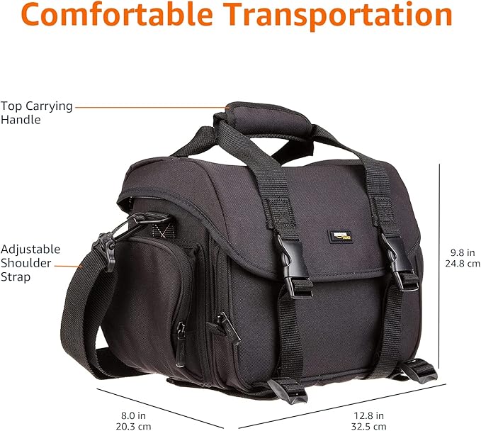 Amazon Basics Large DSLR Gadget Bag with Multiple Compartments, Pockets, Shoulder Strap, Black with Orange Interior
