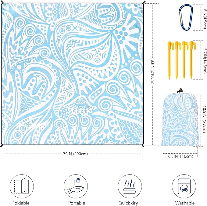 HIHOHO Beach Blanket Waterproof Sandproof Beach Mat 79”x 83” for 1-8 Adults Quick Drying Durable Outdoor Picnic Mat for Beach Festival Travel Camping Hiking (Flower Ripple-BL, 79"×83"(4 Person))