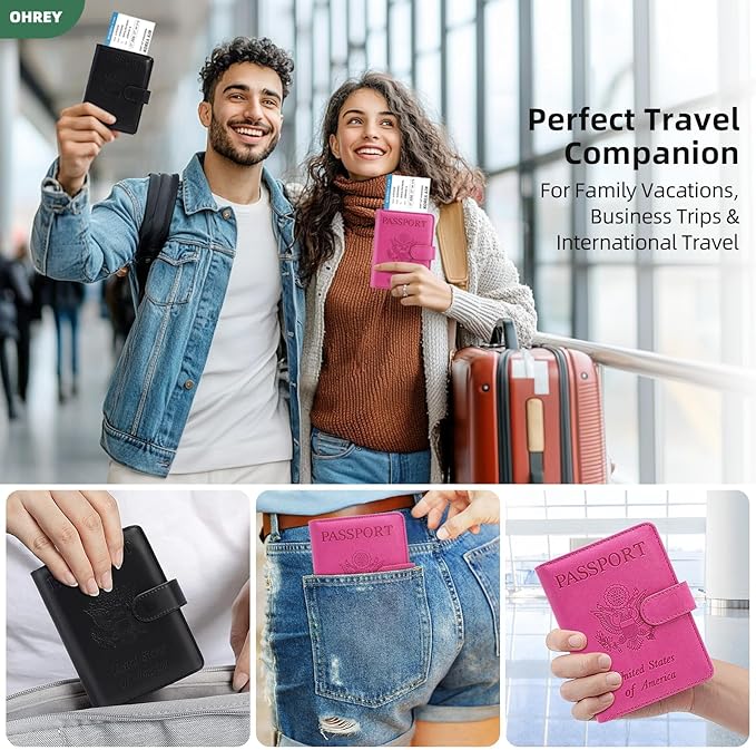 2 Pack Passport Holder for Travel with Slot for AirTag & Luggage Tag Cover, RFID Blocking Passport Holder for Women & Men | PU Leather Passport Cover with Pocket, Black & Pink