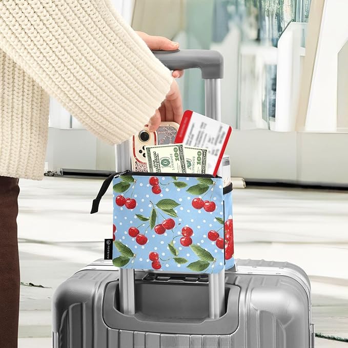 Luggage Cup Holder for Suitcases Free Hands Suitcase Cup Holder Travel Luggage Drink Holder Portable Luggage Cup Caddy Bag Carrier with Handle Light Blue Dots Red Cherry