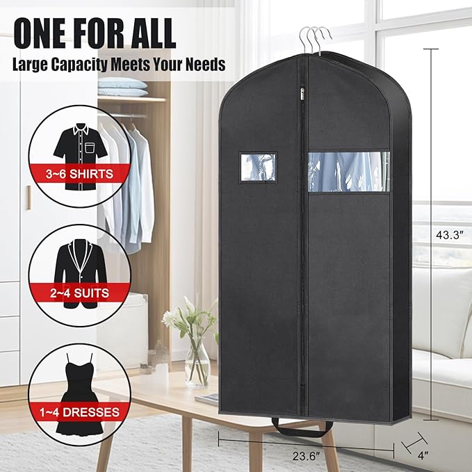 3 Pack 43" Garment Bags for Travel, 4" Gusseted Suit Bag for Men Closet Storage, Hanging Bags for Clothes Travel for Coats, Shirts,Dresses