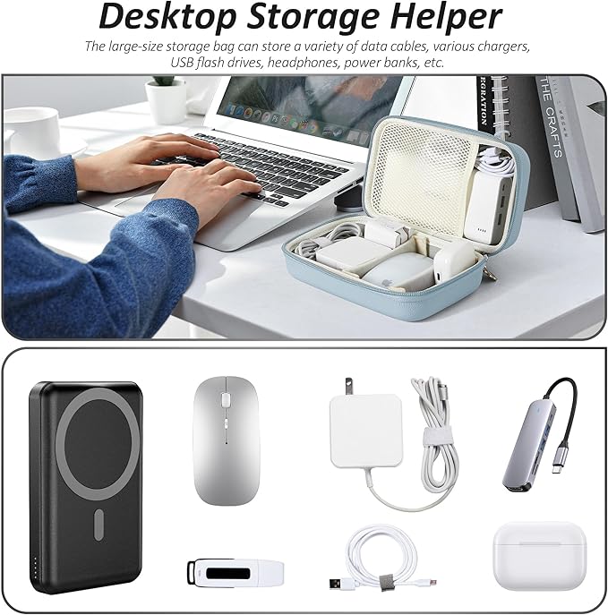 Charger Case for Macbook, Portable Tech Electronic Organizer Bag, Small Travel Storage Pouch for Laptop Accessories, MacBook Power Adapter, Charging Cords, USB Drives, Power Bank (Blue, XL)