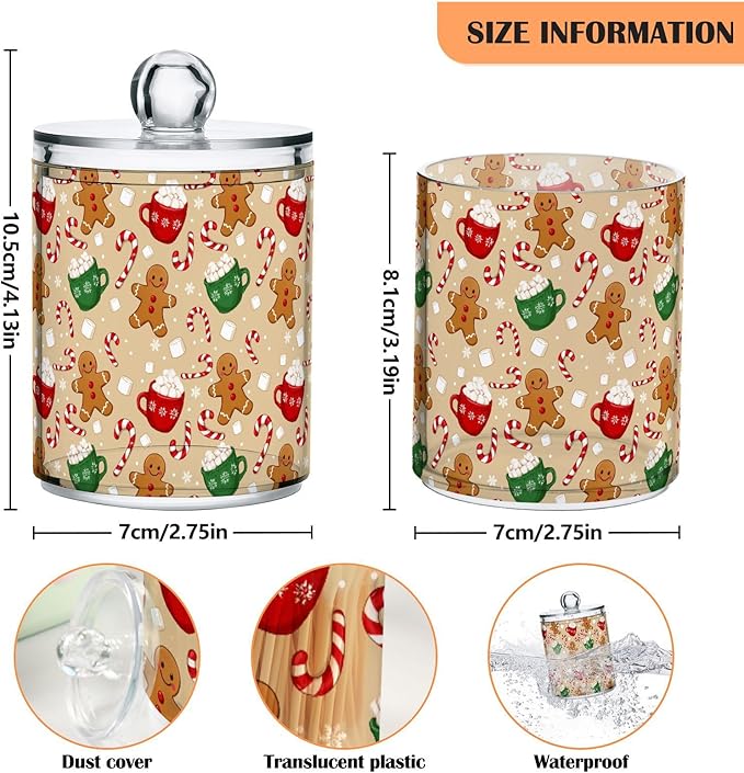 Gredecor Qtip Holder Dispenser 2 Pack Cute Gingerbread Men Snowflakes Candy Bathroom Decorative Storage Canister Holder Counter Vanity Organizer for Cotton Ball Swabs Pads Floss