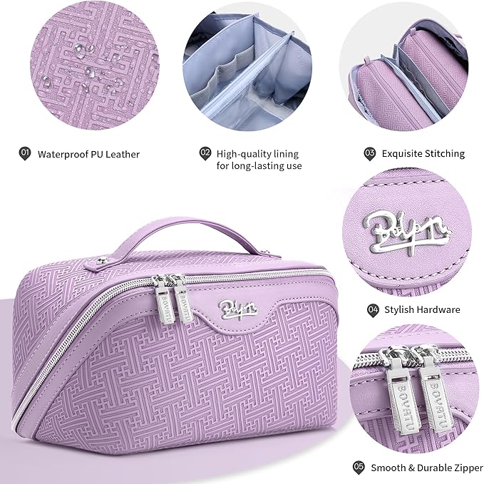 BOYATU Travel Makeup Bags for Women: Vintage Roman Column Texture Large Capacity Cosmetic Bag - Each Journey, Quiet Luxury Serenity - 3 Pcs Set Organizer Toiletry Purse 50% Extra Storage(Purple)