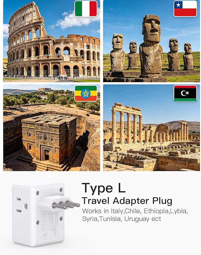 2 Pack Italy Travel Plug Adapter, Type L Power Adapter for Chile, Cuba, Ethiopia, Libya, San Marino, Syria, Uruguay, Vatican City, Travel Essentials