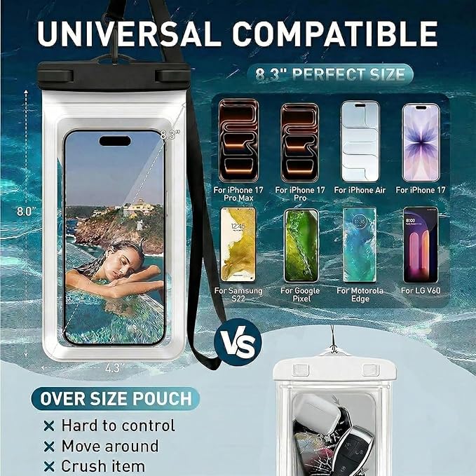 Waterproof Phone Case, with Inside Card Bag, Waterproof Phone Pouch for iPhone, Cell Phone Dry Bag for Cruise Travel Vacation Accessories Large Phone Holder, 2 Pack-Black+White