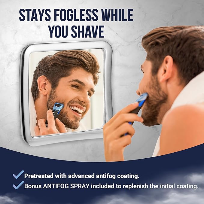 MIRRORVANA Fogless Shower Mirror for Shaving with Upgraded Suction-Cup, 1X Magnifying, 6.3 x 6.3 Inch (Chrome Frame, Grey Suction)