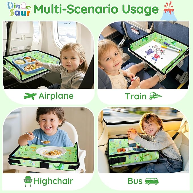 Kids Travel Tray Table Cover with Pockets – Airplane Essentials for Toddlers 1-3, Portable Activity Organizer for Plane, Train, Car & Highchair, Washable Dinosaur Design (Green)