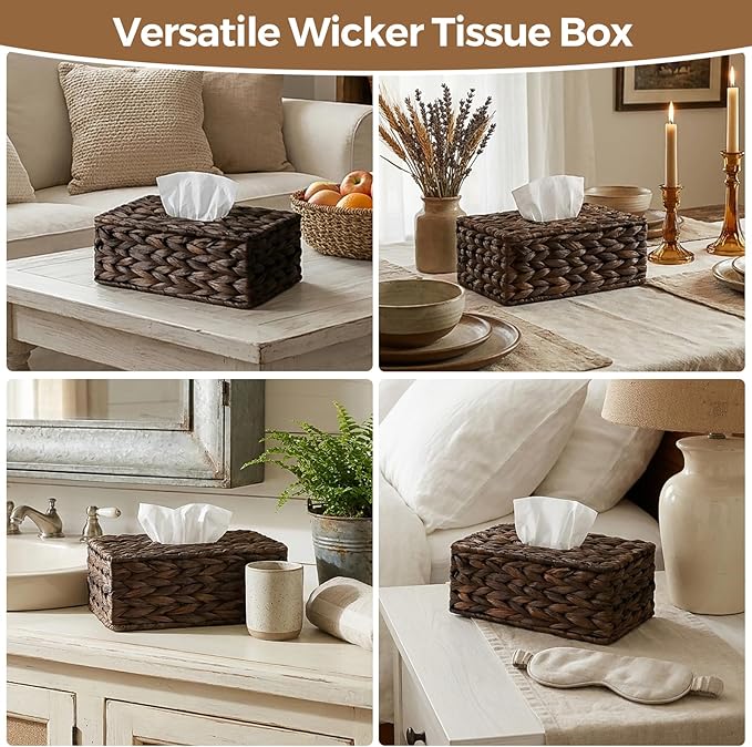 Rectangle Wicker Tissue Box Cover Fits 120-Count (3-Ply) / 160-Count (2-Ply) Boxes, Natural Rattan Woven Facial Tissue Holder, Decorative Tissue Box Holder for Bathroom, Brown