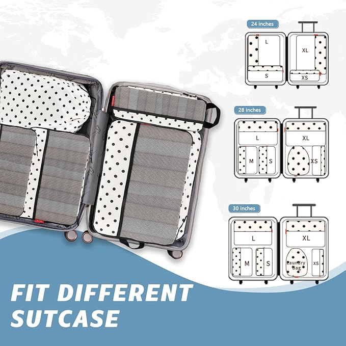 U+U 6 Set Compression Packing Cubes - Travel Organizers with Laundry Bag, Space-Saving Suitcase Organizer, Expandable Packing Organizers for Travel Essentials (Polka Dot)