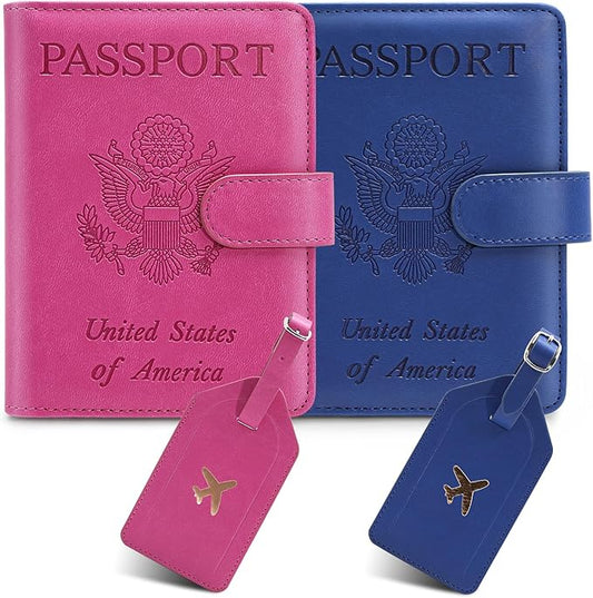 2 Pack Passport Holder for Travel with Luggage Tag Cover – RFID Blocking Passport Wallet Holder for Women & Men | PU Leather Passport Case with Money Pocket & Magnetic Clasp, Blue & Pink