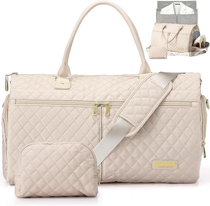 STOVER Women’s Convertible Garment Duffel Bag for Travel – 2-in-1 Carry-On Weekender/Overnight Tote - Wrinkle-Free Dresses, Suits & Clothes + Shoe Compartment & Bonus Toiletry Bag (Cashmere Cream)