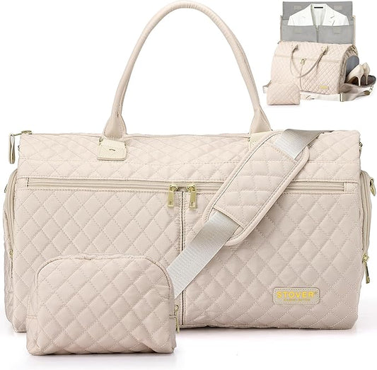 STOVER Women’s Convertible Garment Duffel Bag for Travel – 2-in-1 Carry-On Weekender/Overnight Tote - Wrinkle-Free Dresses, Suits & Clothes + Shoe Compartment & Bonus Toiletry Bag (Cashmere Cream)