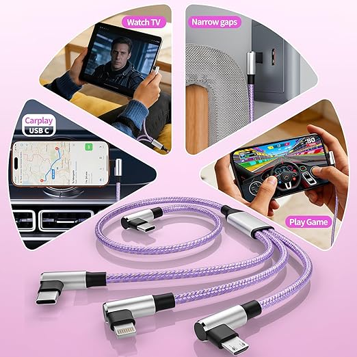 90 Degree 3-in-1 Multi Charging Cable 2Pack 5FT - Right Angle USB C to Type C/IP/Micro USB, Gamer & Travel Essential for iPhone 17-12, Galaxy, Huawei, iPad and More