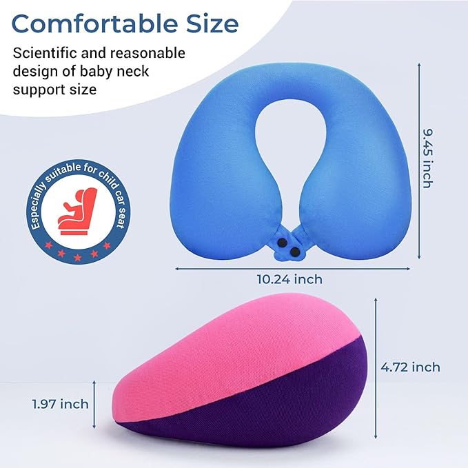 COOLBEBE Kids Travel Neck Pillow 2PCS Softly Headrest Travel Pillow for Car & Airplane, Traveling Gifts for Toddler & Children (Bluish Green & Pinkish Purple)