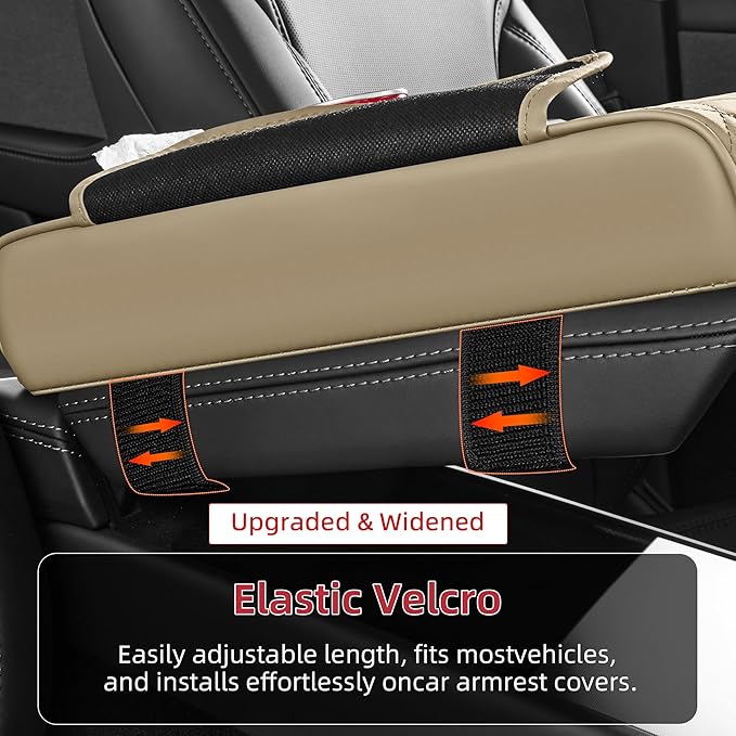 5 in 1 Car Center Console Cover, Armrest Pad with 2 Storage Pockets, Cup Holder, Tissue Slot, Phone Holder, Nappa Leather Memory Foam Car Accessories for SUV Sedan Truck (Beige)