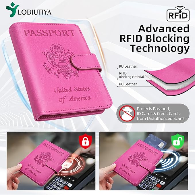 Passport Holder For Travel with Slot for AirTag & Luggage Tag Cover – RFID Blocking Travel Passport Wallet for Women/Family | PU Leather Passport Case with Extra Money Pocket, Pink