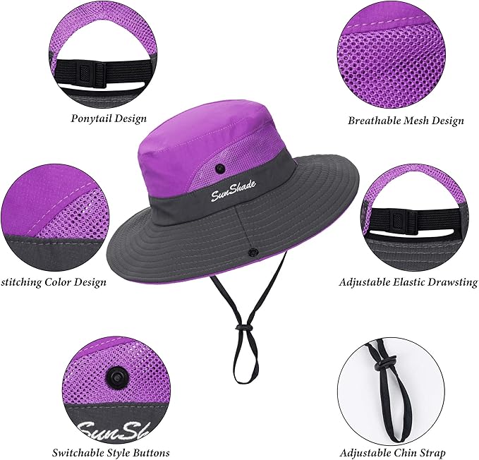 Sun Hat for Women Summer UV Protection Beach Hat Wide Brim Mesh Bucket Fishing Hat with Ponytail Hole Foldable Packable Hat