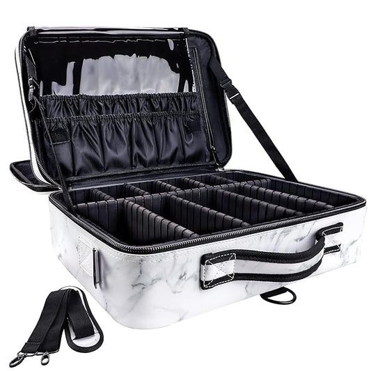 gzcz Large Capacity Travel Makeup Case Organizer,Professional Cosmetic Bags for Women,Waterproof PU Leather Makeup Bag with Adjustable Dividers and Shoulder Strap for Brushes and Jewelry