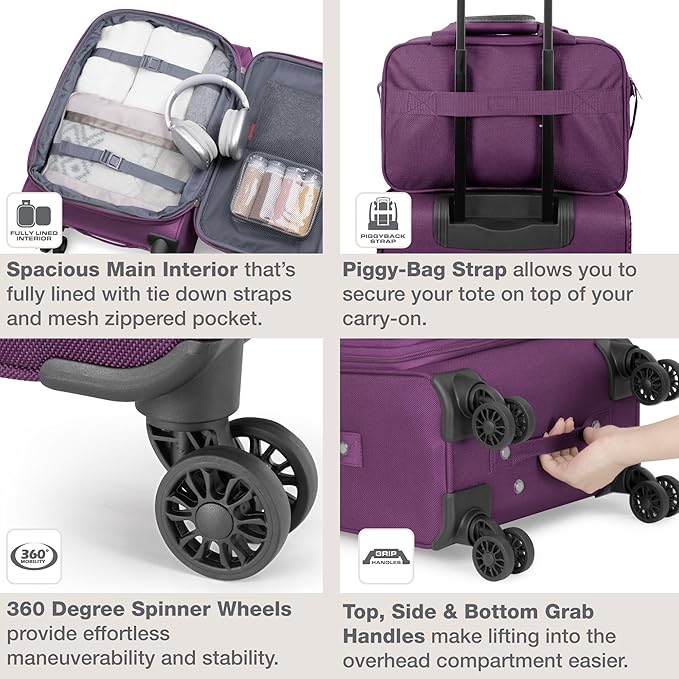 U.S. Traveler Rio Lightweight Softside Rolling Carry-on Suitcase, 4-Wheel Set, Purple