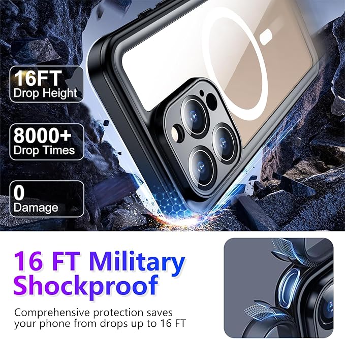 Compatible with iPhone 16 Pro Max Case Waterproof, Compatible with MagSafe Built-in Screen & Camera Protector IP68 Underwater Full Body 16FT Military Dropproof Shockproof Phone Case 6.9"-Black