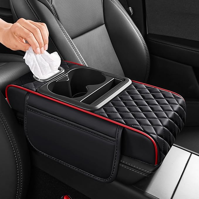 5 in 1 Car Center Console Cover, Armrest Pad with 2 Storage Pockets, Cup Holder, Tissue Slot, Phone Holder, Nappa Leather Memory Foam Car Accessories for SUV Sedan Truck (Black Red Stitch)