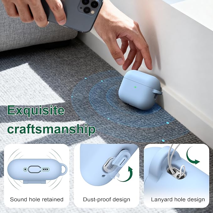 R-fun for AirPods Pro 3 Case (2025), Soft Silicone Protective Case Cover Compatible with Apple AirPods Pro 3rd Generation (USB-C Cable) for Women Men with Cleaning Kit and Keychain, Sky Blue