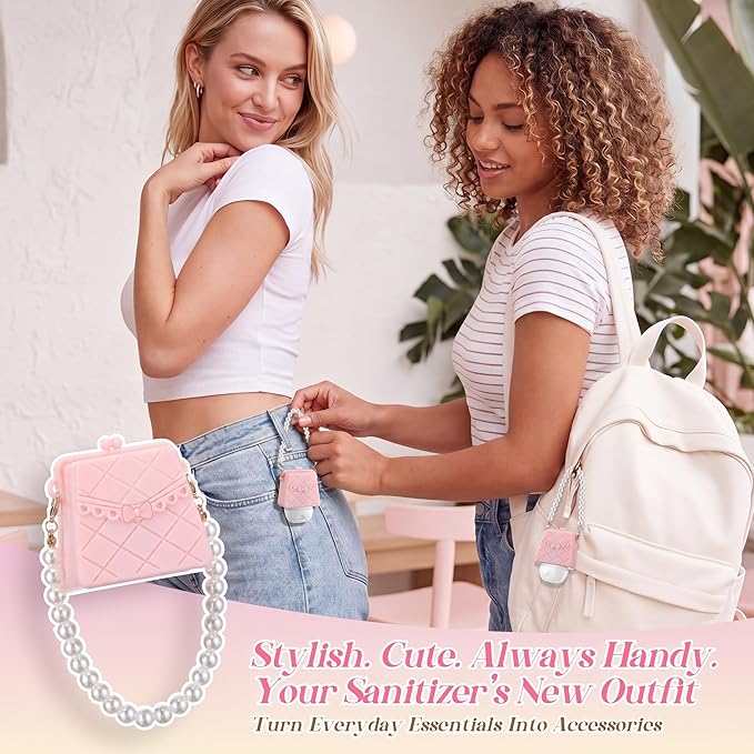 Saillong Cute Hand Sanitizer Holder, Pink Mini Handbag with Pearl Chain, Silicone Holder Compatible with Bath & Body Works PocketBac, Purse Style Body Work Sanitizer Holders