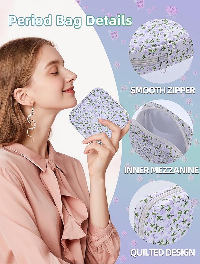 Period Bag for Girls, Quilted Period Pouch for Women, Floral Sanitary Napkin Storage Bag Menstrual Pad Pouches Tampon Holder for Purse Pad Bag Gifts for Teen Girls(Purple)
