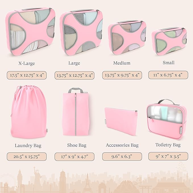 Shacke 8 Set Packing Cubes for Travel – Complete Luggage Organizer Set with Laundry, Shoe, Toiletry & Accessories Bag, Suitcase Travel Organizer (Summer Pink)