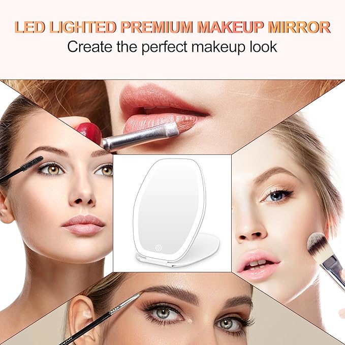 COSYGLOW Travel Makeup Mirror with Light: 3 Color Lighting Portable Mirror with Touch Screen Rechargeable Adjustable LED Lights Hexagon Vanity Mirror for Travel, Desk, Home(White)