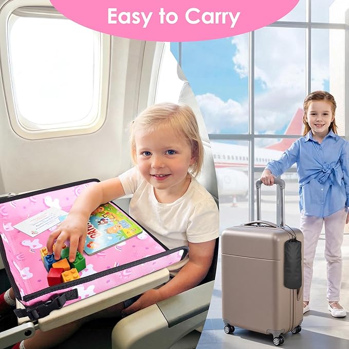 Kids Tray Table Cover, Airplane Tray Cover with Pockets, Airplane Travel Essentials for Kids, Portable Airplane Must Haves for Toddler on Plane or Train and Flying Supplies (Pink)