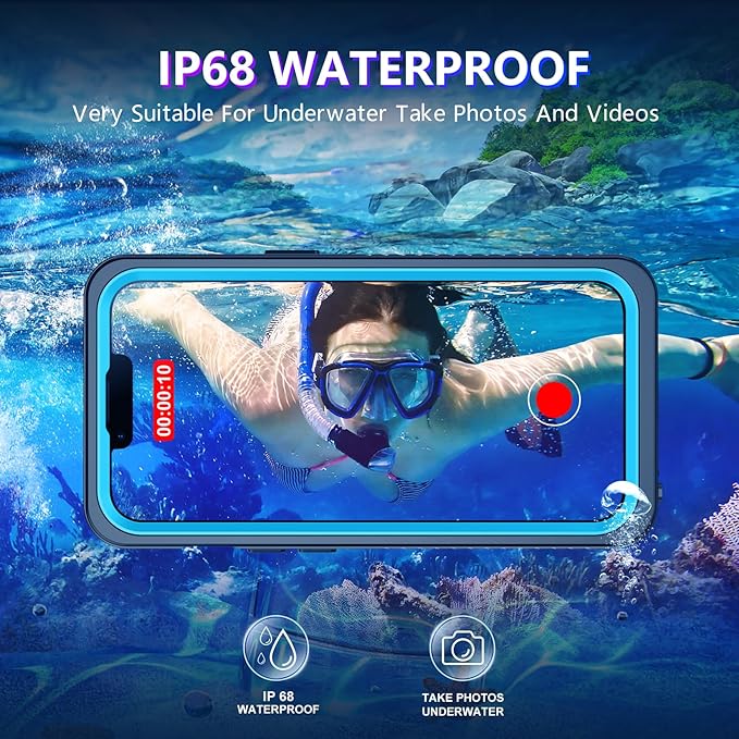 Compatible with iPhone 13 Case Waterproof, Built-in Screen & Camera Protector IP68 Underwater Full Body 13FT Military Dropproof Shockproof Phone Case 6.1"-Blue/Clear