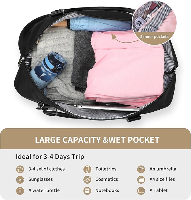 Women's Weekender bag Travel Duffel Bag with Shoe Compartment 21-inch Airline-Approved Carry-On, 2-Piece Overnight Bag Set Personal Item Luggage