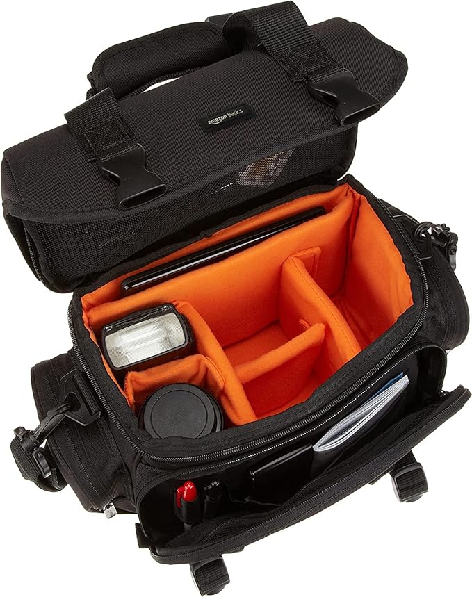 Amazon Basics Large DSLR Gadget Bag with Multiple Compartments, Pockets, Shoulder Strap, Black with Orange Interior