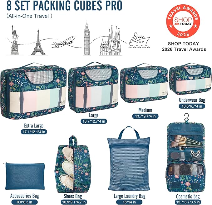 Veken 8 Set Packing Cubes for Travel Essentials,Anti-Wrinkle Buckled Suitcase Organizer for Shoe & Toiletry Bag,Carry On Luggage Bag for Airplane & College Dorm Room Accessories,Women Men Gifts