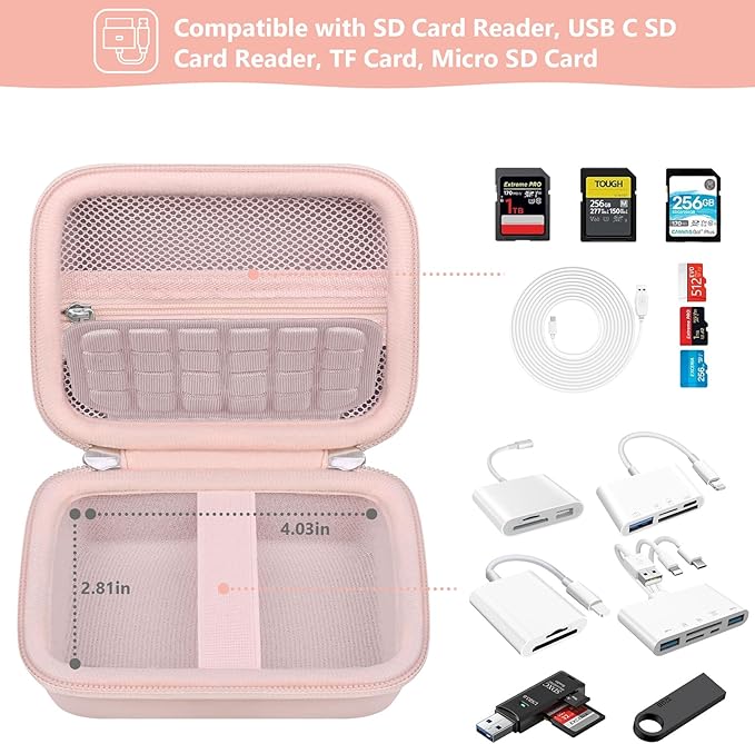 Computer Memory Card Readers Organizer Case Compatible with SD Card Reader, USB C SD Card Reader, TF Card, Micro SD Card, Portable Memory Card Accessories Storage Bag Travel Case, Pink