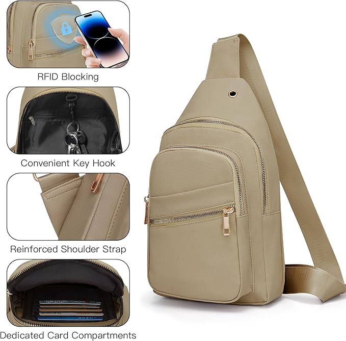 Small RFID Waterproof Sling Bag Travel Crossbody Bags for Women Men, Hands Free Lightweight Sling Backpack Chest Pack Daypack for Outdoors Hiking Traveling Fitness Commuting Cycling Khaki