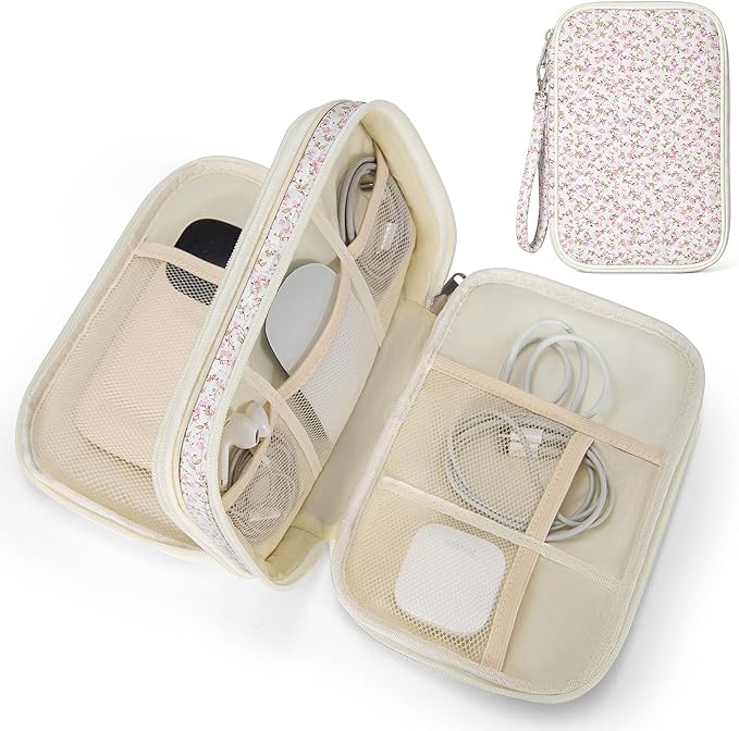 Quilted Travel Cable Organizer Pouch, Portable Electronic Accessories Carry Case, Double Layer All-in-One Storage Bag for Chargers, Cords, Phone, Gadgets (Pink Floral)