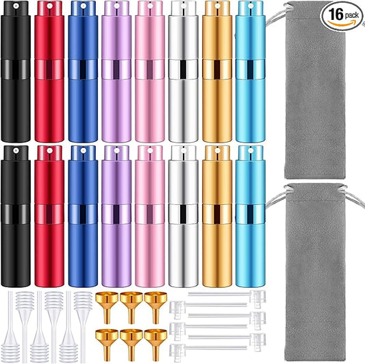 Honeydak 16 Pack 8 ml Refillable Perfume Atomizer Mini Refillable Spray Travel Bottles Empty Cologne Sprayer Portable Fragrance Atomizer with Funnel, Dispenser, Pipettes, Bag(Multicolor)