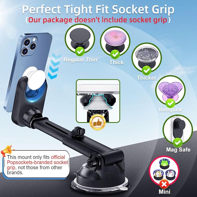 pop-tech Car Phone Mount for Pop Socket: Suction Cup Cell Phone Holders for Automobile Dashboard Windshield Window - Dash Mounted Cellphone Stand Black Fits Thick Socket Wallet Grip for iPhone Samsung
