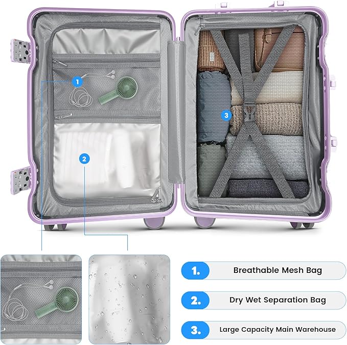 20 Inch Carry on Luggage with Cup Holder, Airline Approved 22x14x9 Aluminum Frame PC Hard Shell Suitcase, 360° Spinner Wheels, TSA Lock for Short Trips and Business Travel