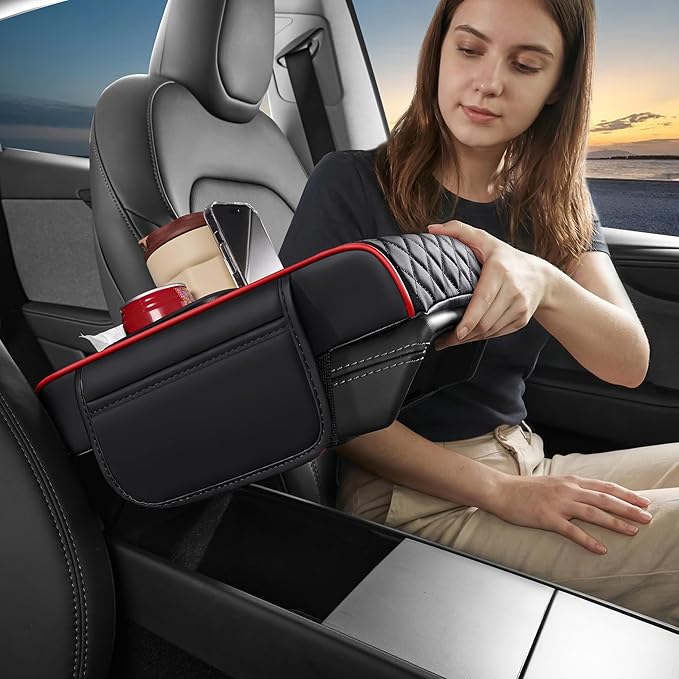 5 in 1 Car Center Console Cover, Armrest Pad with 2 Storage Pockets, Cup Holder, Tissue Slot, Phone Holder, Nappa Leather Memory Foam Car Accessories for SUV Sedan Truck (Black Red Stitch)