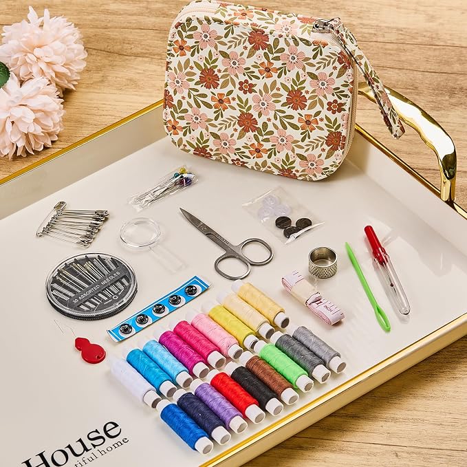 Printing Floral Sewing Kit with 18 Colors Sewing Thread Basic Hand Sewing Supplies,Portable Travel Sewing Kit for Adults & Beginners Repairs