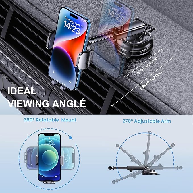 Phone Mount for Car Phone Holder [Military-Grade Suction & Stable Clip] Car Phone Holder Mount Windshield Dashboard Air Vent Universal Automobile Mount Fit for All Dash Mounting Kits iPhone