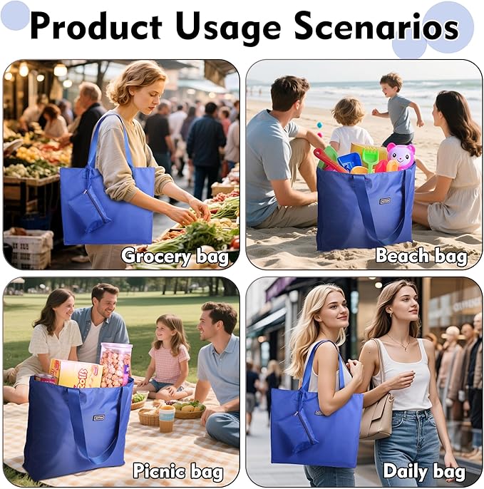 AOTIAN Heavy Duty 20 Liter Reusable Grocery Bags, Thickened Tear-Resistant Polyester Fabric Foldable Machine Washable Shopping Bags, Zipper Closure Water-Resistant Large Tote Bag Travel Gym Beach Bag
