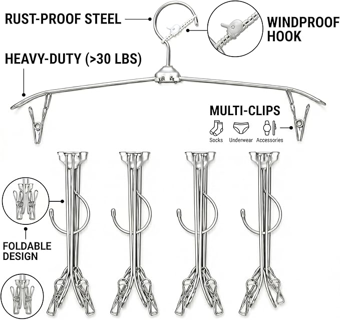 5 Pack Silver Travel Hangers with Clips, Portable Stainless Steel Folding Clothes Hangers with Windproof Hook, Heavy Duty Non-Slip Space Saving Hangers for Cruise Essentials, Camping, Hotel